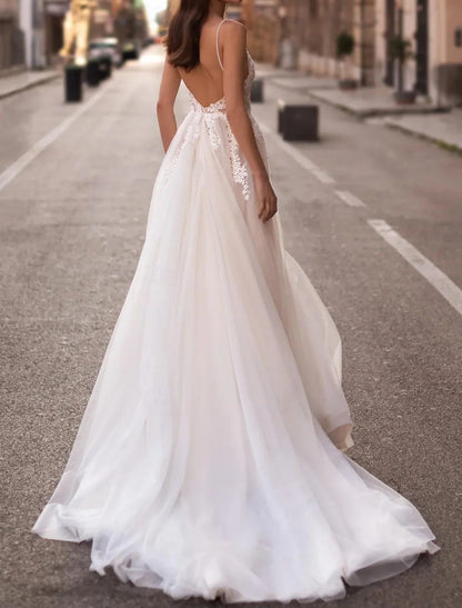 Aimishang Beach Boho Wedding Dresses A-Line Camisole V Neck Sleeveless Court Train Tulle Bridal Gowns With Embroidery Appliques