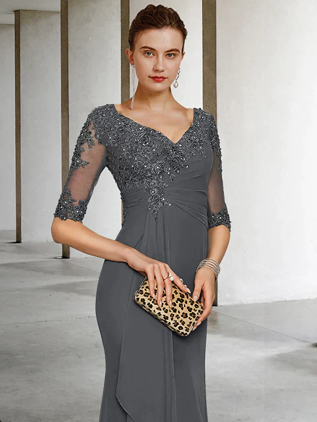 Mermaid / Trumpet Mother of the Bride Dress Vintage Elegant V Neck Sweep / Brush Train Chiffon Tulle Half Sleeve with Appliques Side-Draped