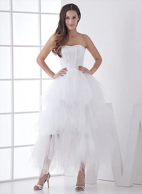 White Classic Strapless Satin High Low Wedding Dress Off Shoulder