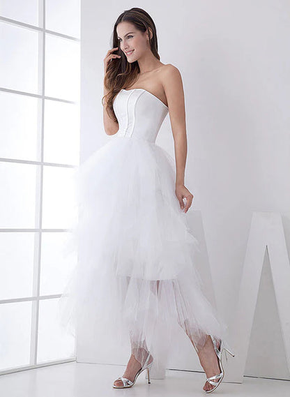 White Classic Strapless Satin High Low Wedding Dress Off Shoulder