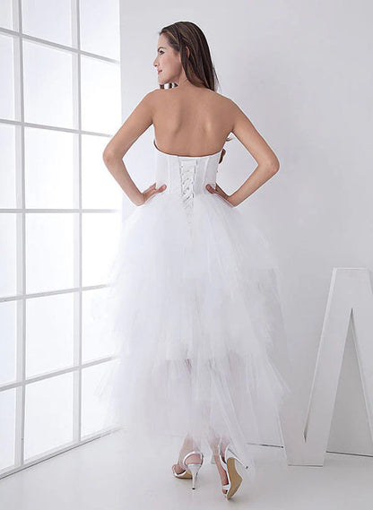 White Classic Strapless Satin High Low Wedding Dress Off Shoulder