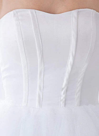 White Classic Strapless Satin High Low Wedding Dress Off Shoulder
