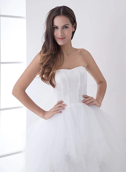 White Classic Strapless Satin High Low Wedding Dress Off Shoulder