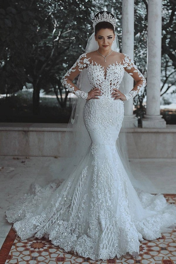 White Lace Mermaid Long Sleeves Wedding Dress