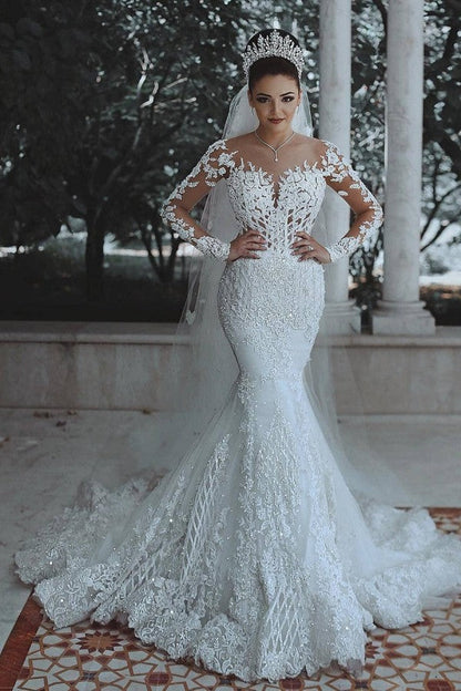 White Lace Mermaid Long Sleeves Wedding Dress