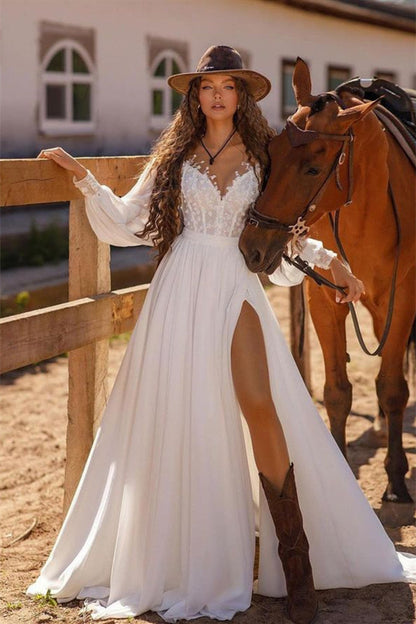White Long A-line V-neck Chiffon Lace Front Slit Wedding Dresses with Sleeves
