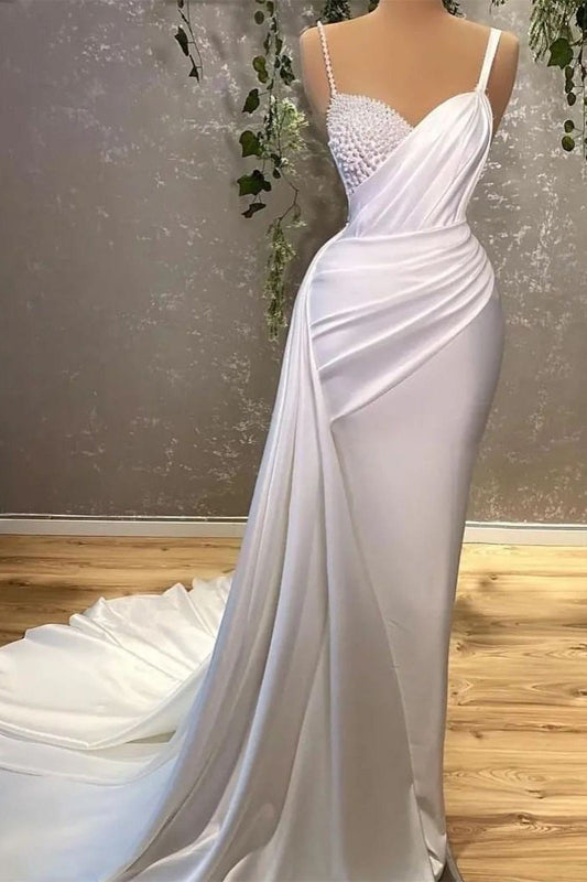 White Long Mermaid Spaghetti Strap Satin Pearls Evening Prom Dresses
