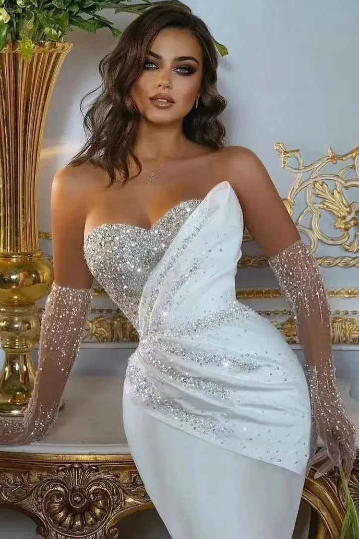White Mermaid Sweetheart Long Gloves Beads Wedding Dress With Ruffles