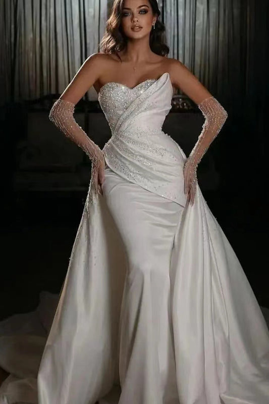 White Mermaid Sweetheart Long Gloves Beads Wedding Dress With Ruffles