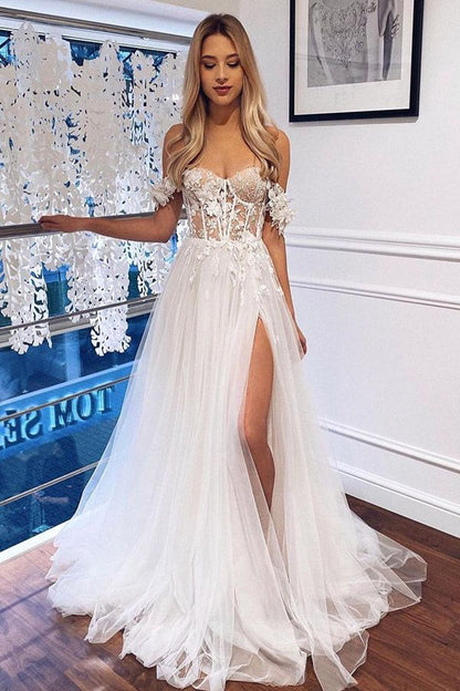 White Off-the-Shoulder A Line Boho Wedding Dress with Lace