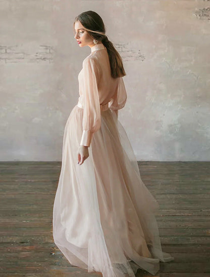 Two Piece Party Dress Minimalist Wedding Guest Formal Evening Birthday Dress Stand Collar Long Sleeve Floor Length Chiffon with Tier 2025