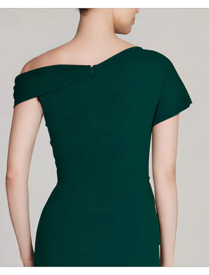 Aimishang A-Line Sheath / Column Mother of the Bride Dress Formal Wedding Guest Elegant One Shoulder Tea Length Sequined Stretch Fabric Short Sleeve with Solid Color