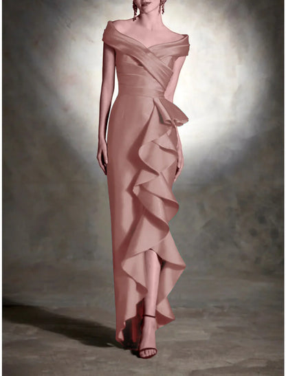 Sheath Formal Dress Cocktail Dresses Christmas Red Green Dress Vintage Dress Formal Wedding Guest Asymmetrical Sleeveless Off Shoulder Satin with Ruffles 2025