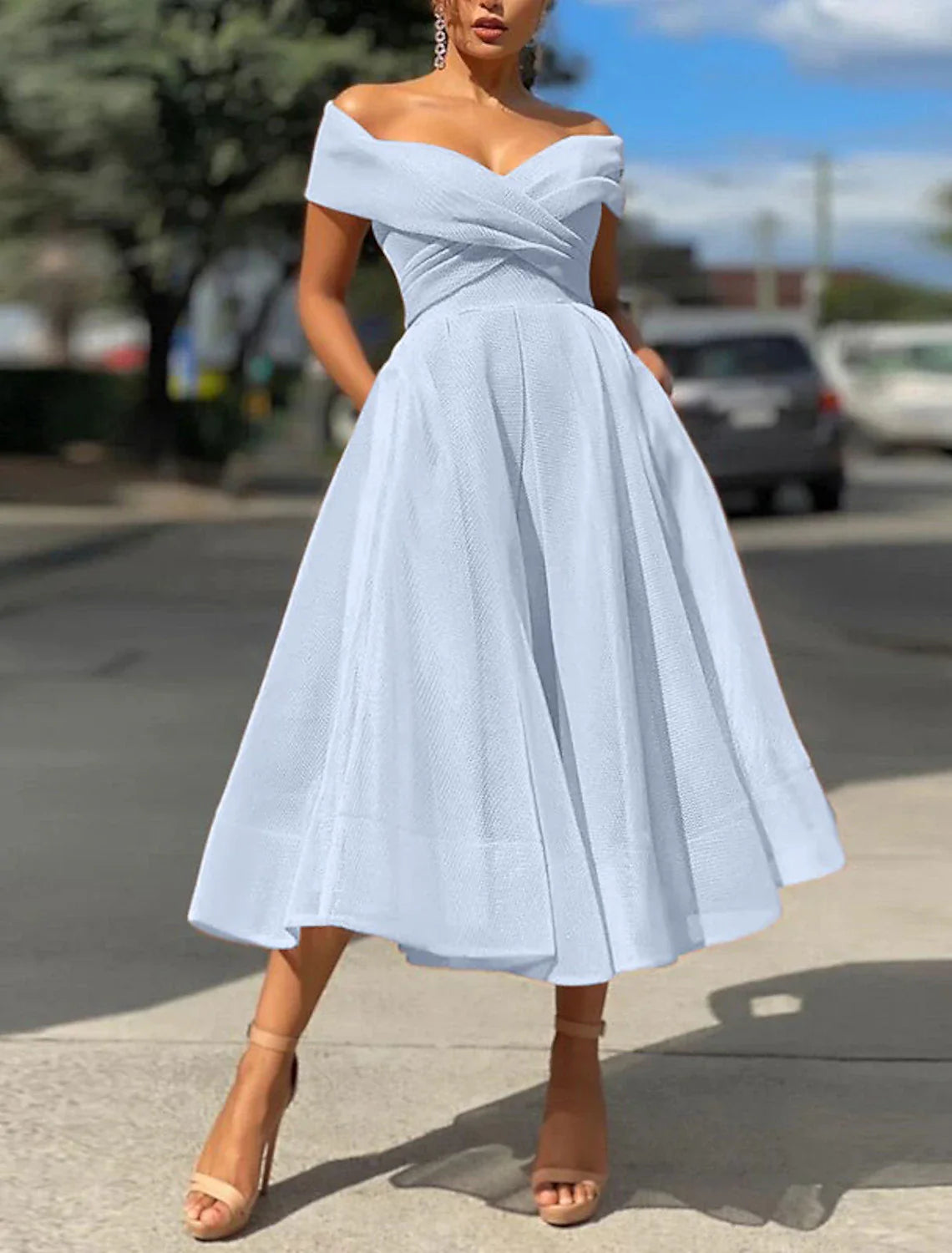 A-Line Prom Dresses Vintage Dress Wedding Guest Summer Tea Length Sleeveless Off Shoulder Organza Backless with Ruched 2025