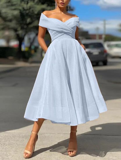 A-Line Prom Dresses Vintage Dress Wedding Guest Summer Tea Length Sleeveless Off Shoulder Organza Backless with Ruched 2025