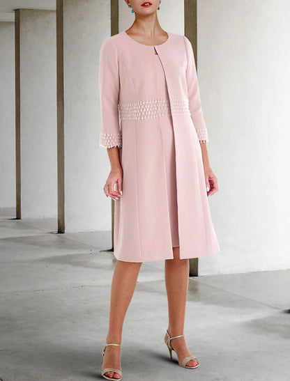 Two Piece Sheath / Column Mother of the Bride Dress Church Elegant Jewel Neck Knee Length Stretch Fabric Short Sleeve Jacket Dresses with Beading