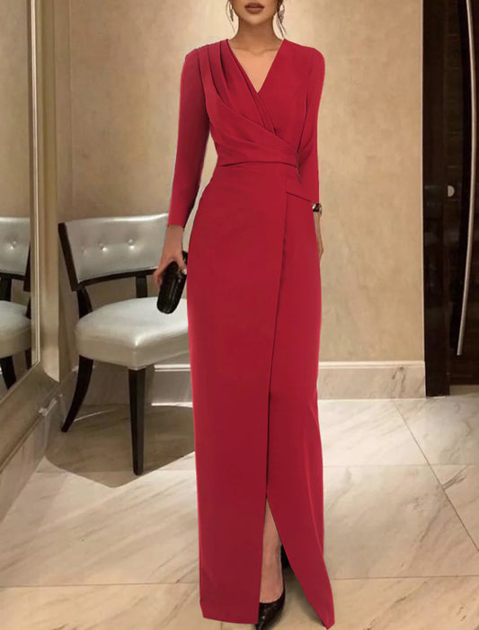 Sheath Black Dress Evening Gown Vintage Dress Formal Floor Length Long Sleeve V Neck  Fabric with Ruched 2025
