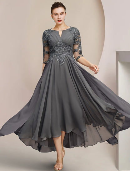 Aimishang A-Line Mother of the Bride Dress Formal Wedding Guest Elegant High Low Scoop Neck Tea Length Chiffon Lace Half Sleeve with Sequin Appliques