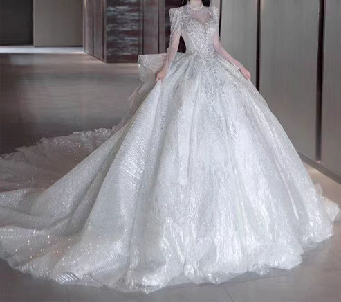 Strap Waist Pearl Sweetheart Collar Tulle Wedding Dress with Lace Elegant Beautiful