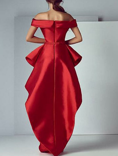 Sheath / Column Beautiful Back Prom Formal Evening Valentine's Day Dress Off Shoulder Short Sleeve Floor Length Satin with Ruffles Tier 2025