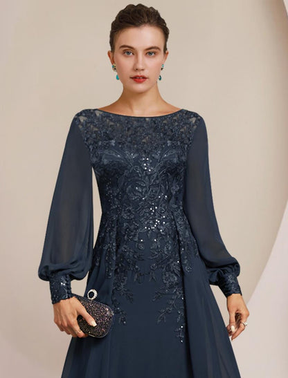 Aimishang Sheath / Column Mother of the Bride Dress Formal Wedding Guest Elegant Scoop Neck Floor Length Chiffon Lace Long Sleeve with Sequin Appliques