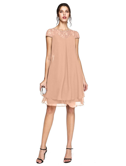 Aimishang A-Line Mother of the Bride Dress Plus Size Elegant Illusion Neck Knee Length Chiffon Lace Short Sleeve with Sequin