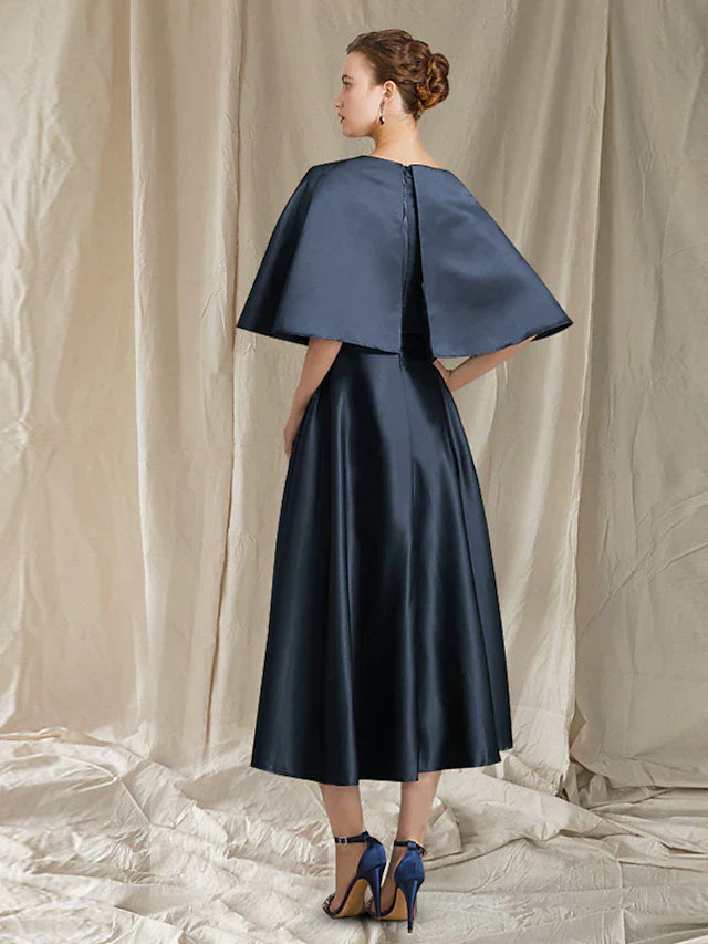 A-Line Mother of the Bride Dress Wedding Guest Minimalist Elegant Jewel Neck Tea Length Satin Half Sleeve with Pleats Solid Color