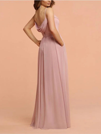 A-Line Bridesmaid Dress Straps / Sweetheart / Spaghetti Strap Sleeveless Elegant Floor Length Chiffon / Shantung with Pleats / Ruffles / Draping