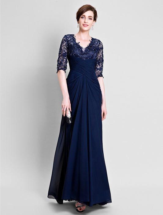 Aimishang A-Line Mother of the Bride Dress See Through V Neck Floor Length Chiffon Lace Half Sleeve No with Lace Beading