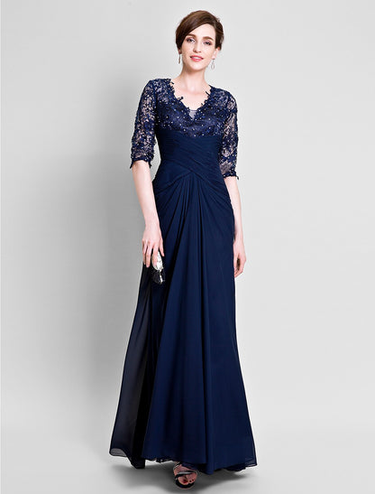 Aimishang A-Line Mother of the Bride Dress See Through V Neck Floor Length Chiffon Lace Half Sleeve No with Lace Beading